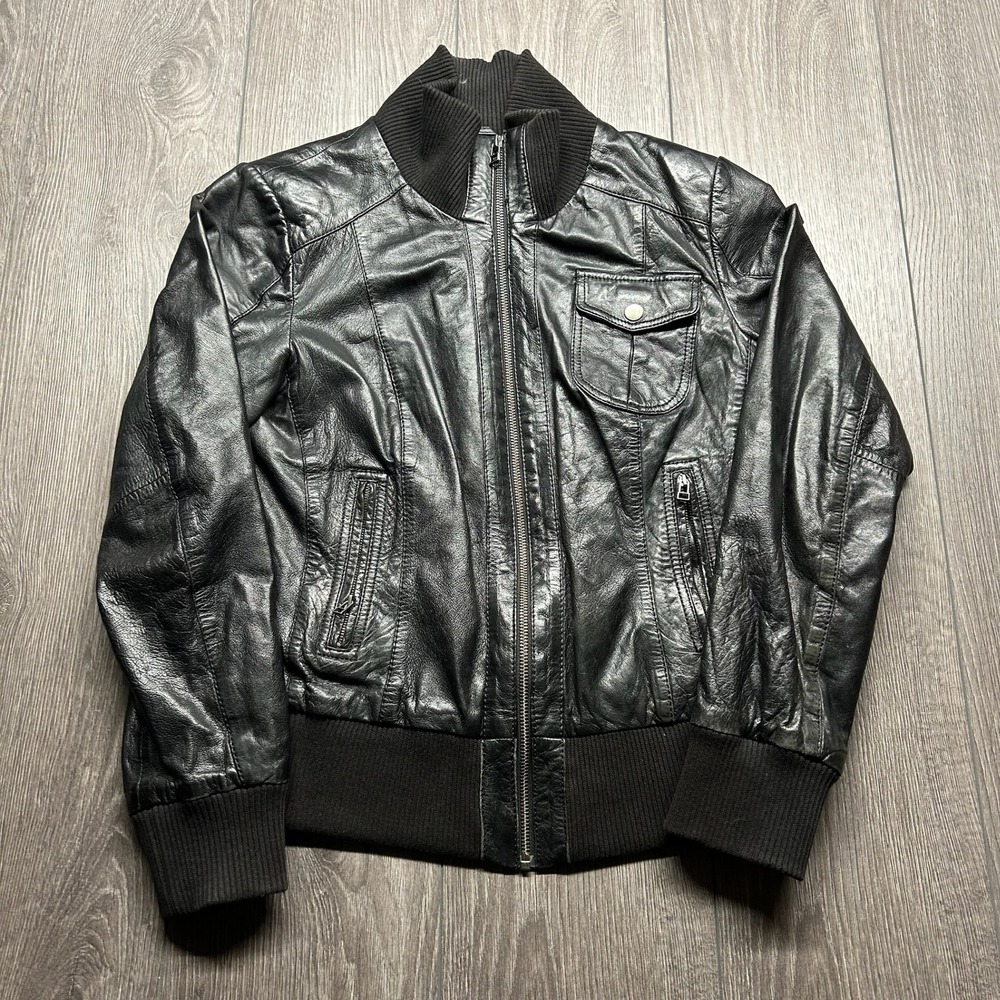 Vintage Y2k Danier Leather Bomber Jacket Mens Small Black Ribbed Moto Zip Coat